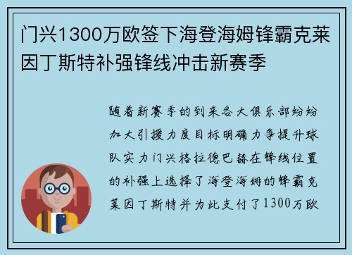 门兴1300万欧签下海登海姆锋霸克莱因丁斯特补强锋线冲击新赛季 门兴1300万欧签下海登海姆锋霸克莱因丁斯特补强锋线冲击新赛季